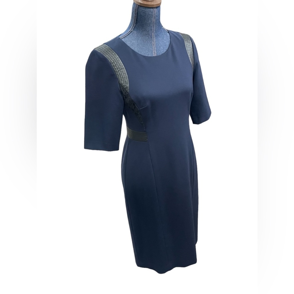 Rebecca Taylor Navy faux leather trim ponte sheath 3/4 sleeve midi dress size 8